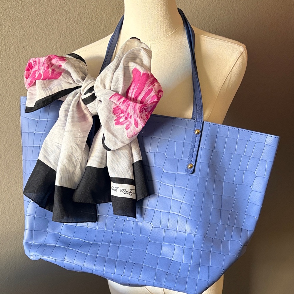 Neiman Marcus Blue Croc Embossed Leather Tote Large Shoulder Bag - Work Bag